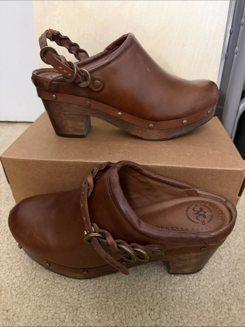 Women's Brown Leather Braided Slingback Clogs
